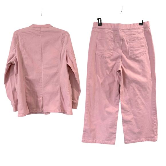 Isaac Mizrahi Live Pink Denim Suit Crop Pants Size 14 Long Sleeve Jacket Medium - Picture 2 of 13